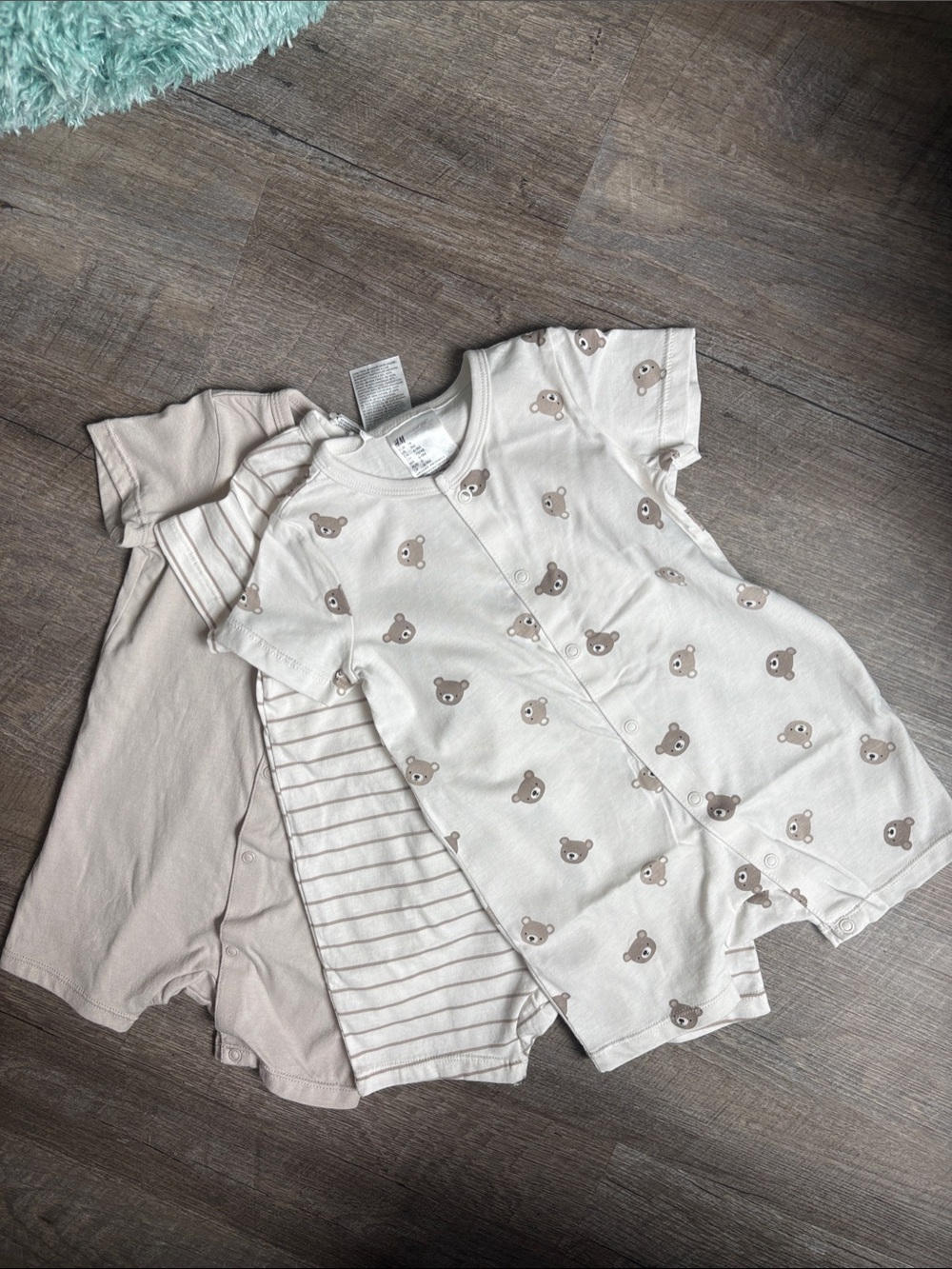 H&M Cream Short-Sleeve Bear Print Pajama Romper Set of 3